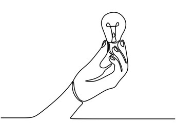 One line drawing of a hand holding a light bulb. Symbolizing inspiration and innovation.