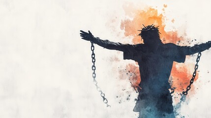 Silhouette of a spiritual figure with arms outstretched breaking free from chains at the foot of a cross symbol in a vibrant watercolor painting style representing the themes of freedom faith