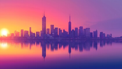 Fototapeta premium A vibrant and minimalistic illustration of a cityscape during a sunrise