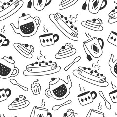 Sweet Food and Hot Drink Doodle Seamless Pattern. Hand drawn black and white background with sketch elements. Mug and Cup with steam. Pie and cake on plate. Vector