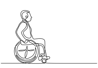 One line drawing of a man in a wheelchair. Symbolizes empowerment and accessibility.