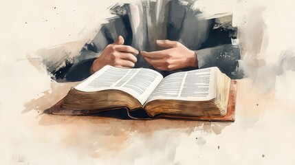Open Bible on a Wooden Table Surrounded by People Discussing Scripture in Watercolor Painting Style  Spiritual Learning and Theological Contemplation