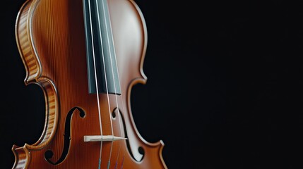 Fototapeta premium In a detailed close-up, the violin's fingerboard and strings are highlighted against a dark backdrop, with soft musical notes subtly enhancing the atmosphere of this serene setting