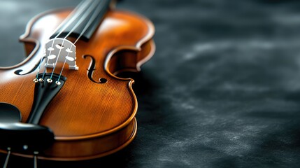 Fototapeta premium In a detailed close-up, the violin's fingerboard and strings are highlighted against a dark backdrop, with soft musical notes subtly enhancing the atmosphere of this serene setting