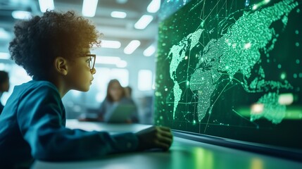 Young child with glasses Looking at Global Network Map on Digital Screen