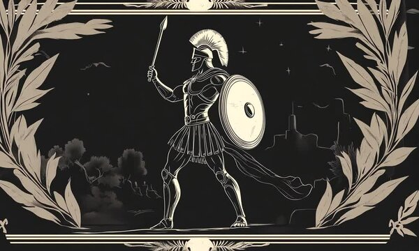 A black and white illustration of a Spartan warrior holding a spear and shield, standing in front of a city with leaves framing the image.