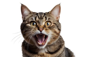 Fototapeta premium Angry and surprised cat isolated on transparent png background with a funny and excited expression.
