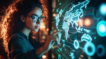 Woman with glasess Analyzing Global Data on Interactive Screen