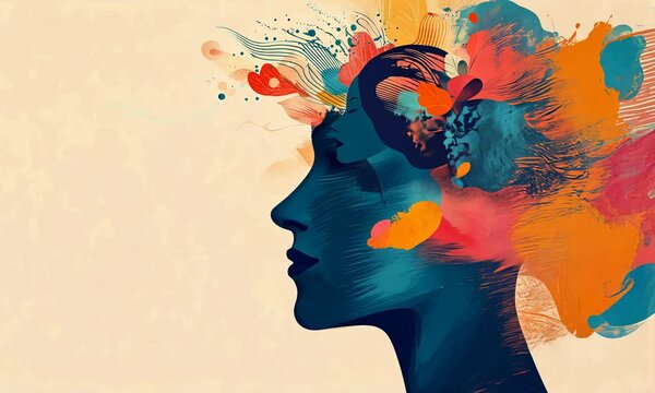 A woman's face is surrounded by colorful abstract shapes and leaves.