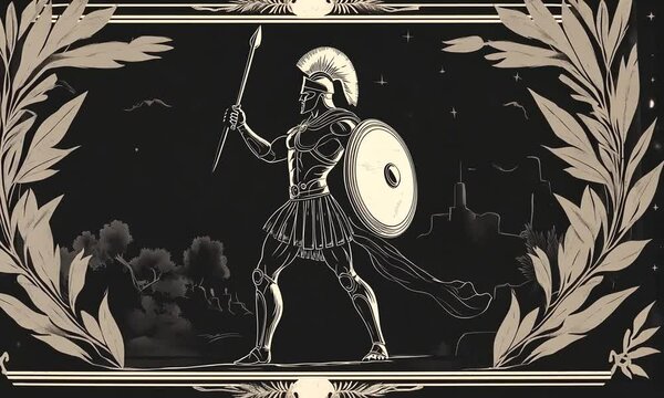 A silhouette of a Spartan warrior with a sword and shield on a black background.