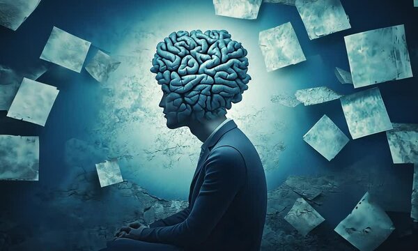 A man with a brain for a head sits in front of a cracked wall.