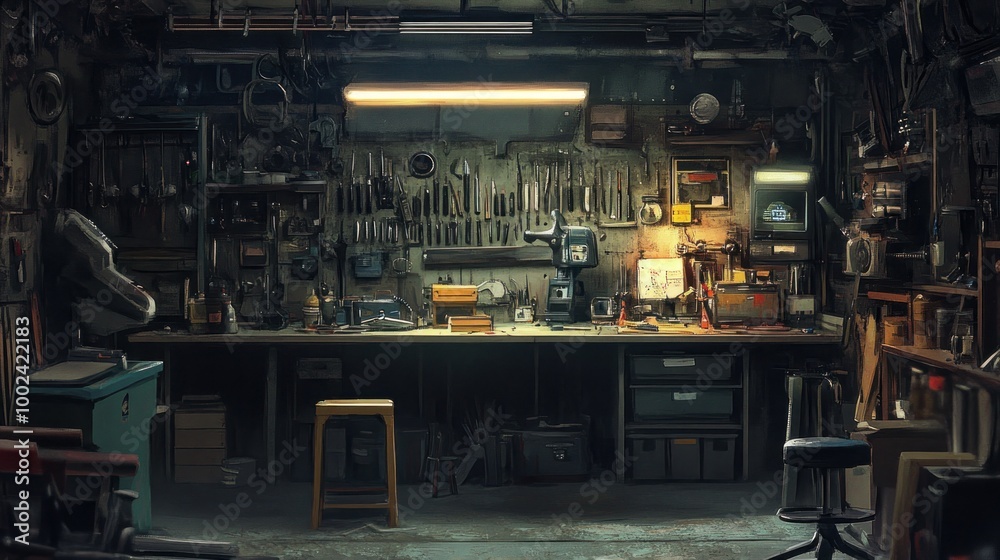 Aufkleber A cluttered workshop with a workbench, tools, and various objects