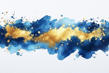 Abstract blue and gold watercolor background with fluid shapes,