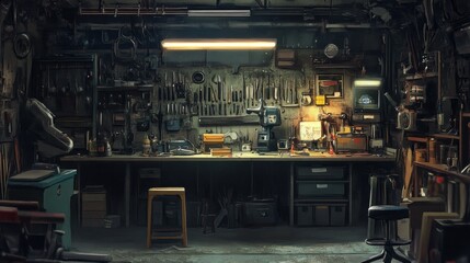 A cluttered workshop with a workbench, tools, and various objects