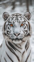 White tiger, white background, orange eyes, symmetrical composition, symmetrical close-up photo of face