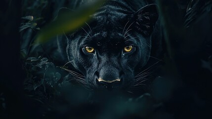  Close-up photo of Black Panther's face, yellow eyes, surrounded by a central bush