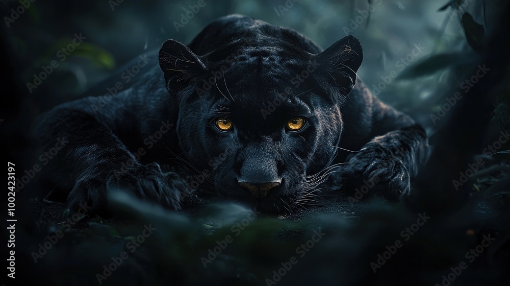 Wall mural   A close-up of Black Panther lounging in a forest with bright yellow eyes and black fur coat