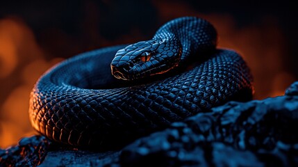 Fototapeta premium Snake on rock with fire in background and blurry image in foreground