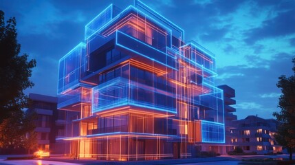 Modern apartment building illuminated with neon blue and orange light at night