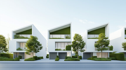 Three white buildings with green roofs and trees in front of them