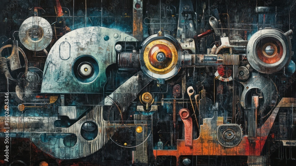 Poster Abstract Industrial Machine with Circular Components and Gears