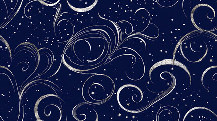 Seamless design of festive silver swirl lines scattered like confetti on a rich dark blue background