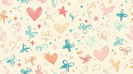 A colorful drawing of hearts and butterflies on a white background