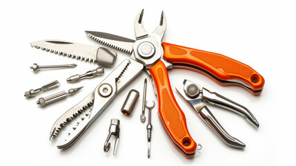 Multifunctional tool with pliers, knife, and other utilities isolated on white background