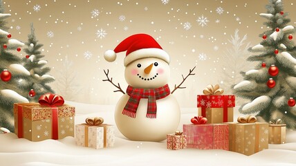 Cute snowman bearing gifts, Merry Christmas and Happy New Year.