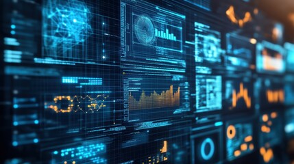 Obraz premium AI, Big Data, and business analytics icons represent the integration of advanced technology in analyzing graphs, business data, and market trends, driving strategic decisions and innovative solutions