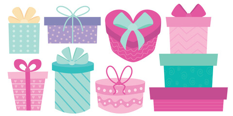 Set of colorful gift boxes with ribbon bow and print. Vector different present boxes set