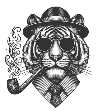 recommend clip art: dapper tiger wearing sunglasses, a bowler hat, and smoking a pipe, exuding cool sophistication sketch engraving generative ai raster illustration. Scratch board imitation. Black and white image.