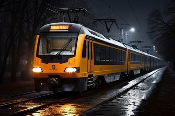 Fototapeta premium A yellow train awaits passengers at a quiet station during a rainy night