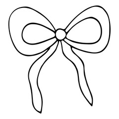 Cute hand drawn ribbon, bow. Black line doodle vector illustration for wedding and nursery design, logo and greeting card. Doodle decoration clip art for celebrating, party. Isolated on white.
