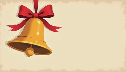 Golden bell adorned with a red bow for festive decoration and holiday spirit concept, Christmas illustration background, copy space