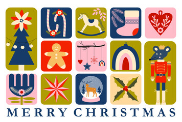 Modern Christmas greeting card. Geometric retro mosaic style. Winter time magic. Holy Joly. Happy New year.