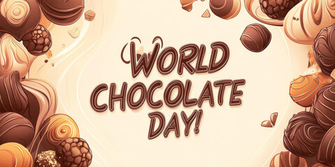 Festive World Chocolate Day banner featuring an array of gourmet chocolate truffles and artistic swirls of melted chocolate, creating a delicious visual.
