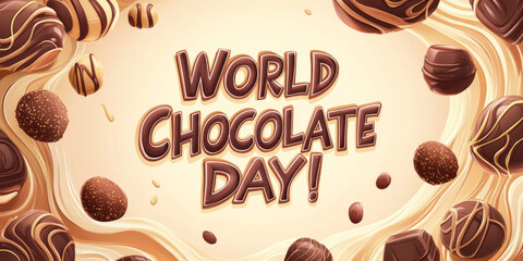 Fototapeta premium Festive World Chocolate Day banner featuring an array of gourmet chocolate truffles and artistic swirls of melted chocolate, creating a delicious visual. 