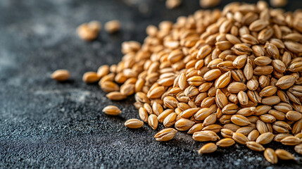 Fototapeta premium Closeup of raw barley grains with a rustic background, highlighting their natural, organic quality and agricultural significance