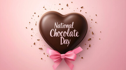 Heart-shaped chocolate adorned with a pink ribbon, celebrating National Chocolate Day on a soft pink background, perfect for festive promotions and holiday treats.
