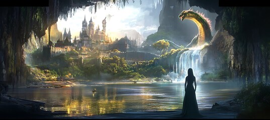 A holographic fantasy world with dragons, castles, and mythical creatures