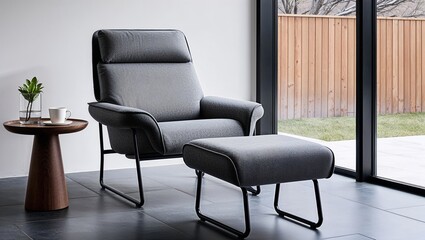 grey upholstered lounge chair with a matching ottoman