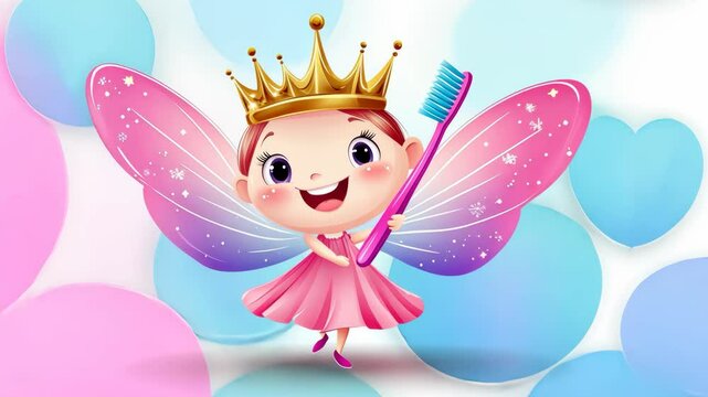 Happy cartoon tooth fairy with crown and toothbrush on pastel background. Kkids dental care concept.