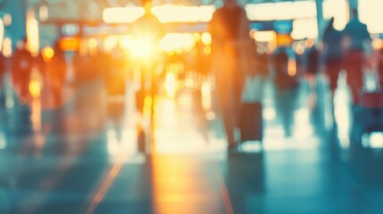 Obraz premium Passengers rush through a bustling airport terminal, carrying luggage as warm sunlight filters through, creating a vibrant atmosphere