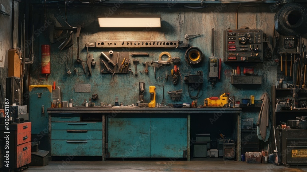 Poster a well-equipped and worn workshop with tools and storage