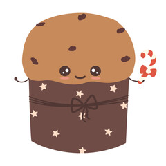 Cute hand drawn cartoon character Panettone traditional italian Christmas cake vector illustration isolated on white background	