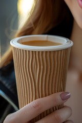 Woman Holding a Disposable Coffee Cup with a Hot Beverage. Urban Coffee Break Concept.