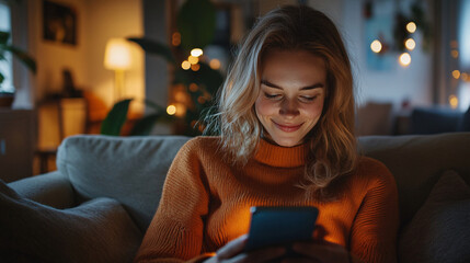 Relaxed woman in a living room, enjoying leisure time with wireless technology, smiling at her phone