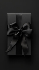 Close-up of a beautifully wrapped black gift box with a matching satin ribbon, set against a dark background, symbolizing luxury and sophistication.
