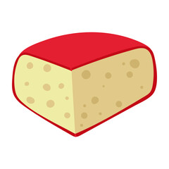 A piece of gouda cheese in a flat style with realistic motifs, Cheese in a red wax shell. An isolated triangular piece of vector illustration. Cheese with pores. A porous piece of light cheese
